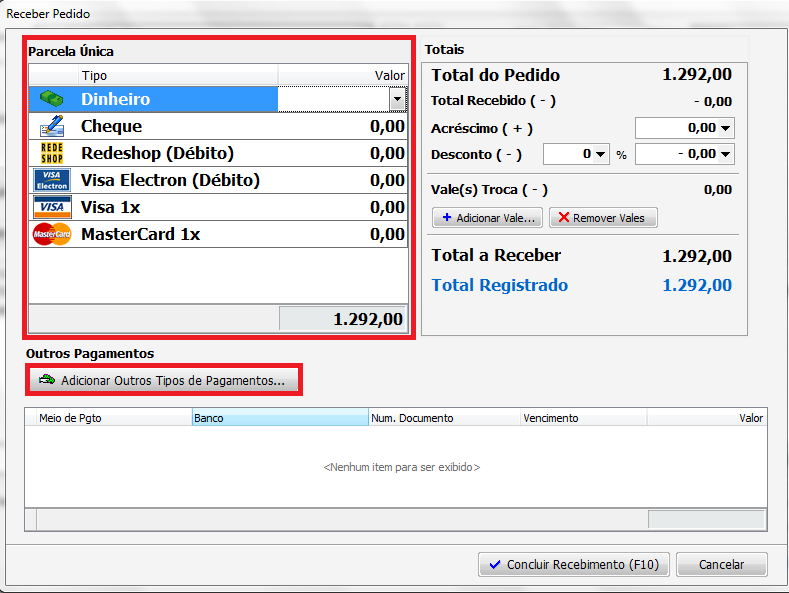 Caso o valor do recebimento seja parcelado, deixe os valores zerados do quadro Parcelas Única e clique no botão Adicionar Outros Tipos de Pagamentos.