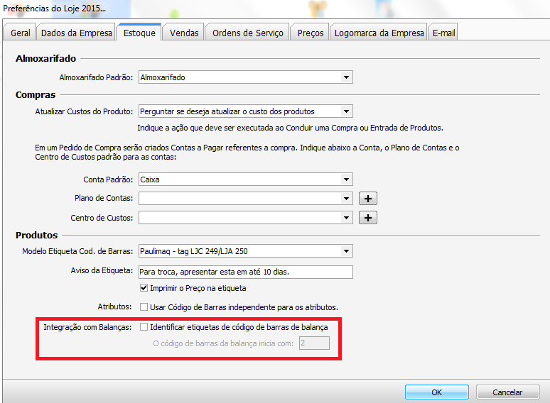1. Clique no Menu Arquivo; 2. Clique no botão Preferências do Loje ; 3. Acesse a Aba Estoque; 4. Habilite o check Identificar etiquetas de código de barras de balança. 7.8.
