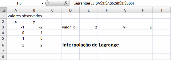 169 O código VBA para a interpolação de Lagrange pode ter a seguinte forma: No caso de muitos dados (experimentais), é preferível tê-los numa planilha: Na célula E3 inserimos