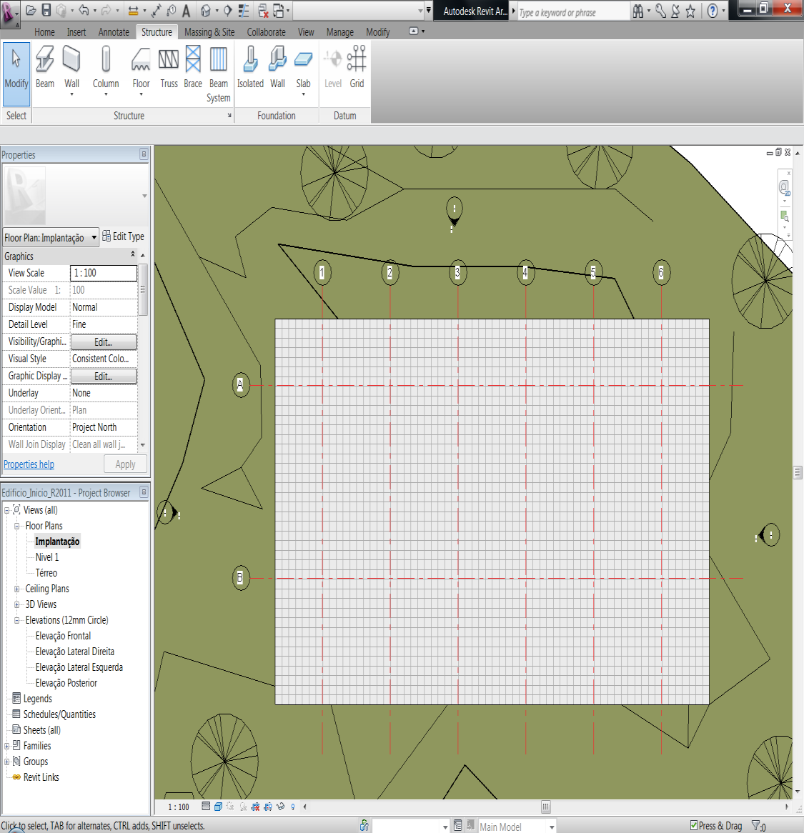 Criando eixos no projeto Após clicar na Tab Architecture, Seçao Datum, opçao Grid, crie um eixo na horizontal na parte superior do projeto, começando da direita para a esquerda, sem se preocupar com