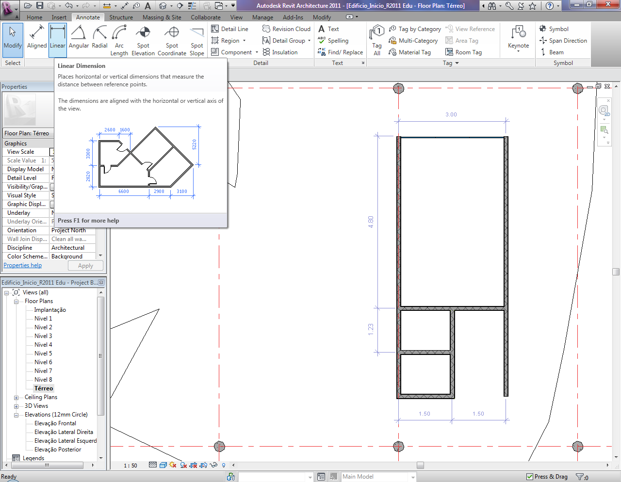 Ajustando dimensoes das paredes do pavimento terreo e criando cotas 2 Clique sobre Create or remove a length or alignment constraint e trave o cadeado.