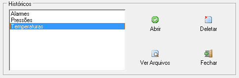 Durante a supervisão o operador pode habilitar ( ) ou desabilitar ( ) cada um dos históricos, clicando com o mouse. Um histórico habilitado está fazendo o registro histórico no arquivo em disco.