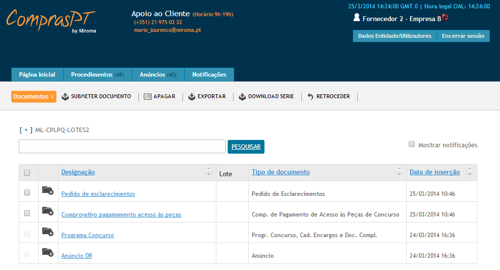 11.3.4 Carregar Proposta Após aceder aos menu documentos num dado procedimento, de acordo com o descrito nos pontos anteriores deste manual, clique sobre Submeter Documento : NOTA: Para poder