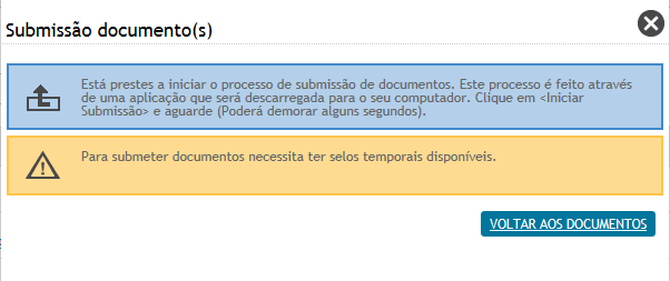 11.3.4 Carregar Proposta Surgirá, então, um dos seguintes ecrãs, em função de possuir ou não selos temporais: 1 1. 1 Insucesso - Selos temporais indisponíveis 2.