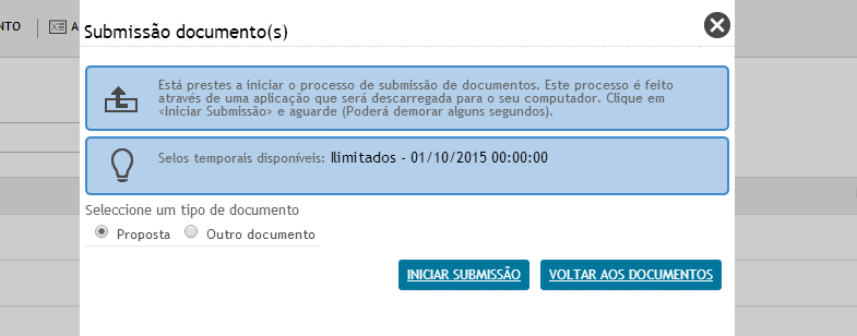 11.3.4 Carregar Proposta 1. 5 Voltando à janela de início de submissão, poderá optar por iniciar um novo carregamento ou, voltar aos documentos.