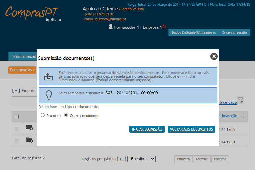 11.3.6 Carregar Documentos (que não a proposta ou candidatura) Após aceder aos documentos de um procedimento e clicar sobre submeter, de acordo com o descrito nos pontos anteriores deste manual,