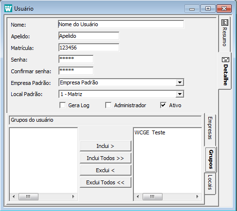 Na função Menu: Arquivo/Segurança/Usuário, indique o Nome do usuário, o Apelido que será utilizado para ter acesso aos módulos do WSis, a Matrícula (opcional), a Senha (obrigatória), a Empresa Padrão