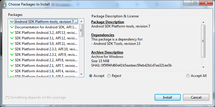 9 Você será levado a tela seguinte seguinte: Selecione Accept All, seguida INSTALL e vá tomar um café; depois instale o Eclipse + ADT porque a tela abaixo vai processar durante muito tempo (às vezes