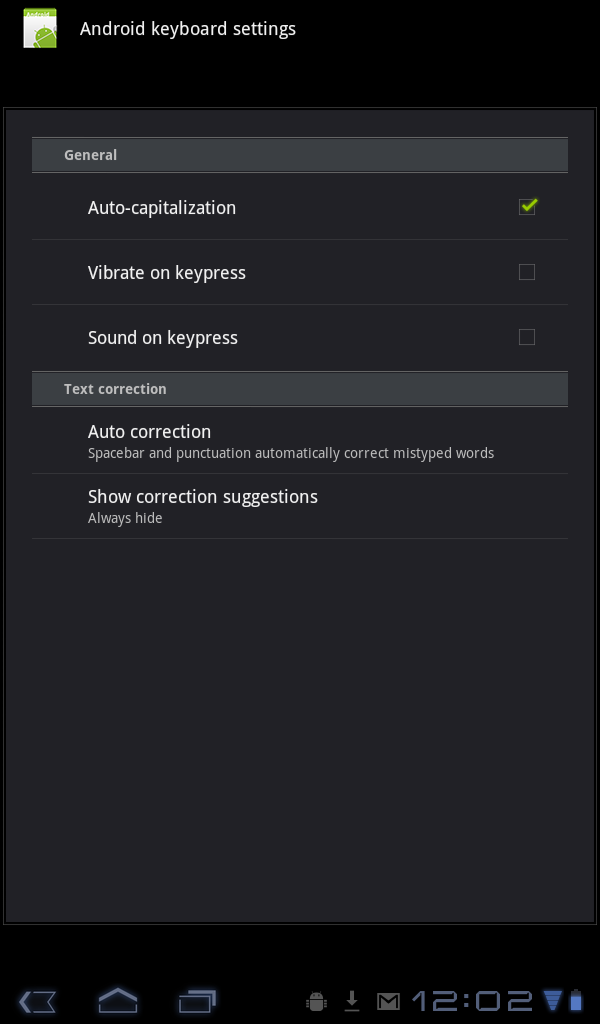 3. Seleccione as opções aplicáveis a partir das definições do teclado Android: Auto-capitalization (Capitalização Automática): Seleccionar para capitalizar automaticamente a primeira letra numa frase.