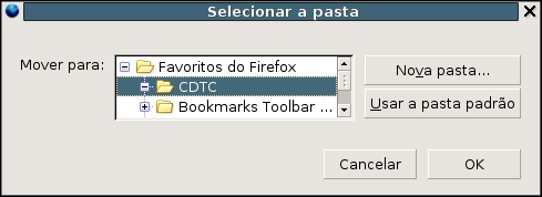 http://www.google.com ; http://www.mozilla.org. Clique no menu Favoitos e depois em Organizar.... A seguinte tela de gerenciamento de Favoritos aparecerá: Clique no botão Nova pasta.