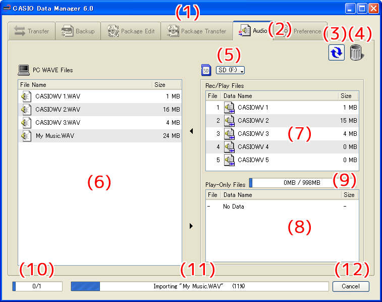 Conteúdo da tela Os exemplos mostram as capturas de tela de Windows XP. (1)Barra do título Ao terminar, clique no botão de fechar ( ) para sair de Data Manager.