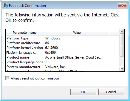 Esta ação abrirá uma janela de confirmação que lista as informações a serem enviadas via Internet para a Base de Conhecimento Acronis. Clique em OK para permitir o envio da informação.