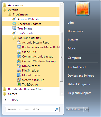 Menu Iniciar do Windows O menu Iniciar exibe os comandos, ferramentas e utilitários do Acronis. Eles lhe dão acesso às funcionalidades do True Image, sem precisar abrir o programa.