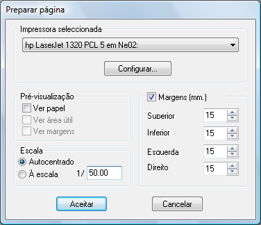 Ver papel Ver área útil Ver margens Escala Margens Impressora Seleccionada O botão Configurar Permite seleccionar a impressora a utilizar, das instaladas no Painel de Controlo do Windows.