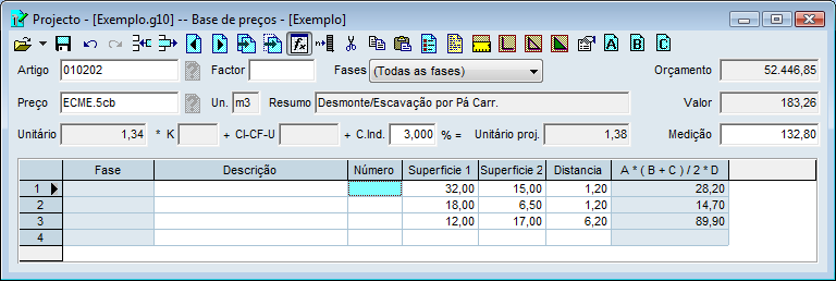 Na imagem, introduziram-se 2 fórmulas na base de dados e seleccionou-se a fórmula Volume de escavação Ao seleccionar a