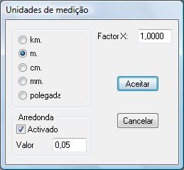 Os valores que figuram são: km m cm mm polegada Factor X Arredondamento as medições recuperam-se em quilómetros. as medições recuperam-se em metros. as medições recuperam-se em centímetros.