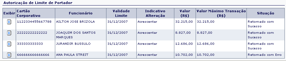 70 solicitada para o limite, indicativo de alteração, valores e a situação do retorno enviado pelo banco para o cartão.