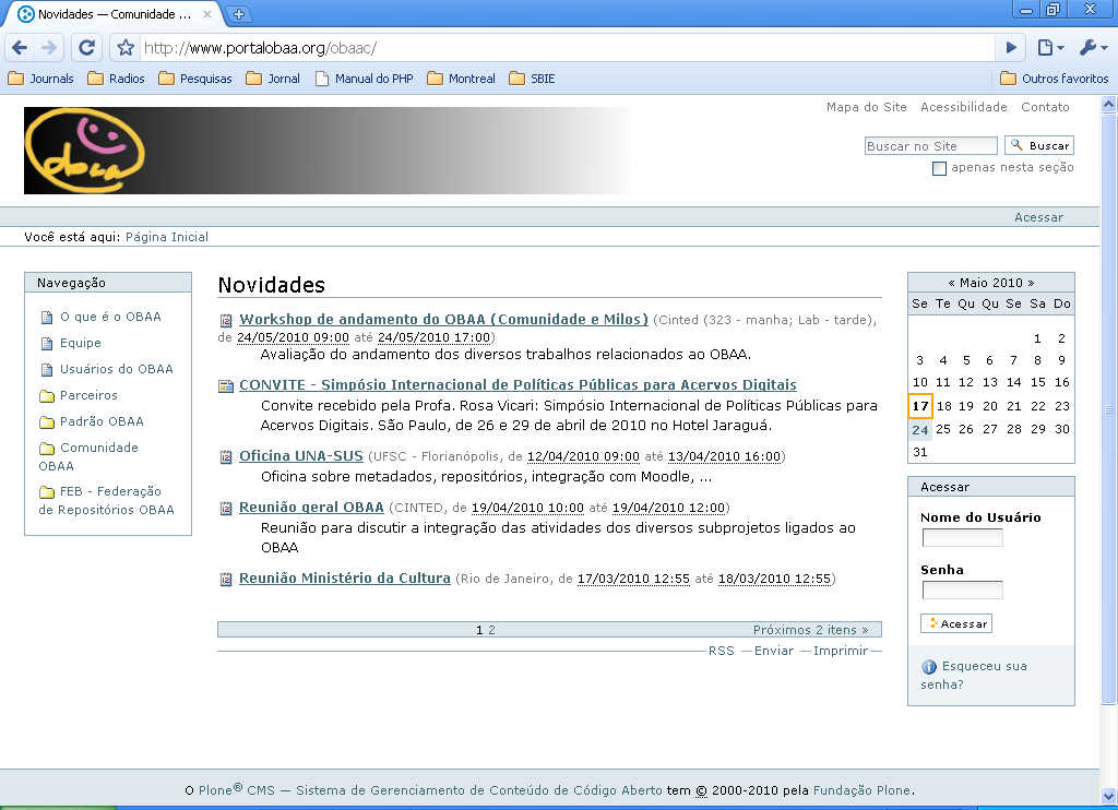 arquivo de metadados e disponibilizar um repositório com objetos de aprendizagem descritos em OBAA. O portal, ilustrado na Figura 3, pode ser acessado pelo endereço: http://www.portalobaa.org/obaac/.