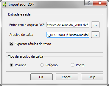Posteriormente depois das opções acima descritas do Qgis, optou-se por usar o plugin dxfs2shp Converter, fazer a exportação total do ficheiro em shapefile.