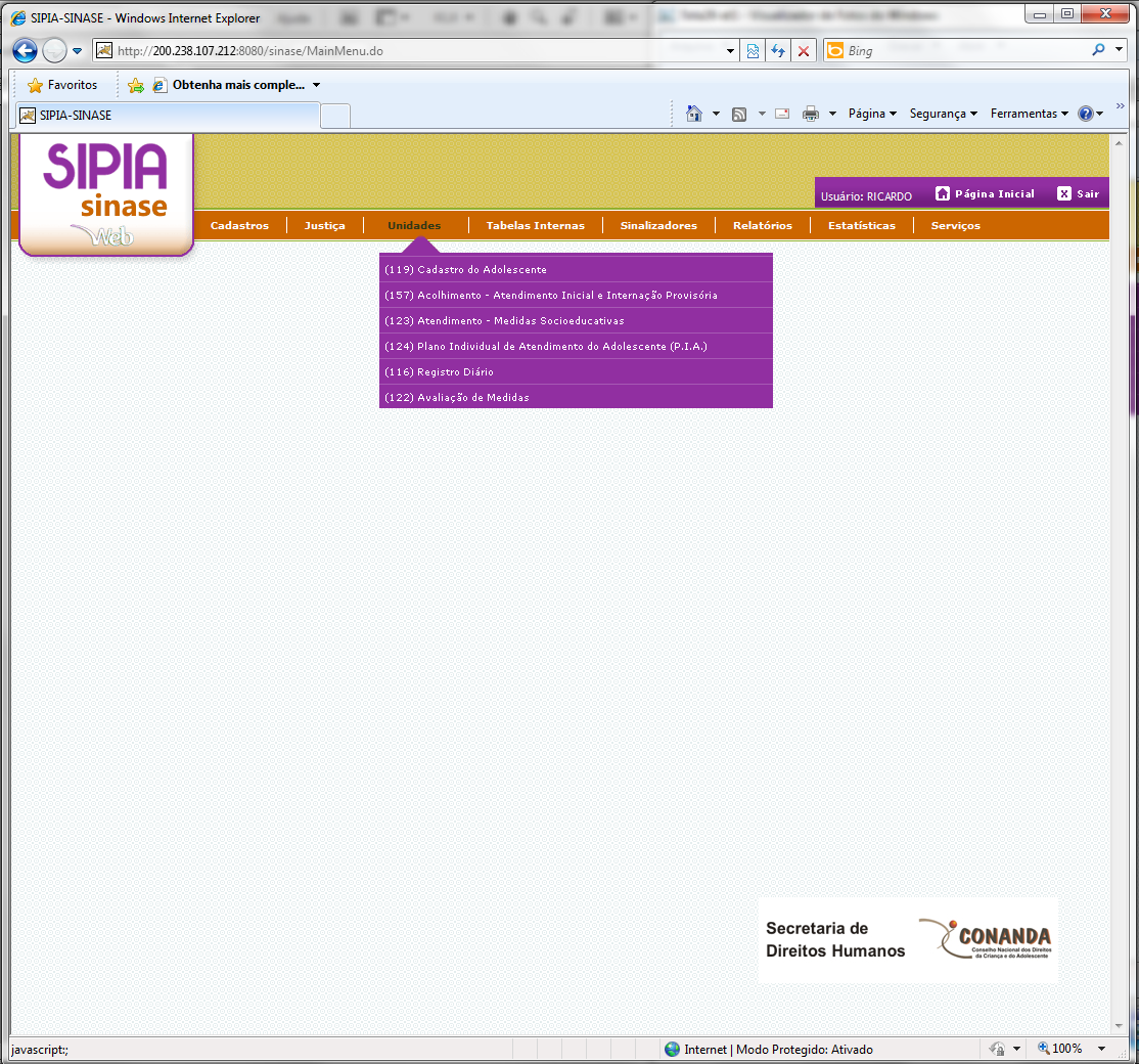 Barra de Menu Unidades No Menu Unidades, estão as funcionalidades utilizadas pela equipe multidisciplinar desses locais. Cadastro de adolescente - Registro dos dados do (a) adolescente.