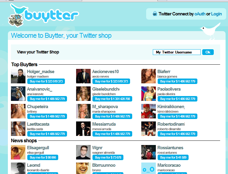 Cotação em $ dos Perfis no Twitter Buytter - http://buytter.