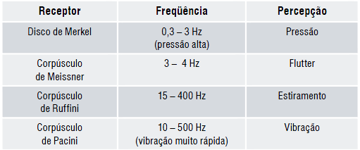 Figura 1.3.1:Estrutura da pele (BEAR, 2002). Para cada mecanorreceptor e para cada tipo de estímulo, há características específicas, conforme exibido na Tabela 1.3.1 a seguir: Tabela 1.3.1: Mecanoreceptores e suas faixas de sensibilidade (CUNHA et al.