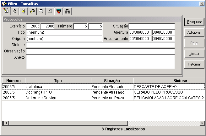 4 CONSULTA DE PROTOCOLO Ao clicar no item consulta de protocolo uma tela sem nenhum registro se abrirá, então poderemos fazer a consulta pela 'lupa' ou pelo 'filtro',