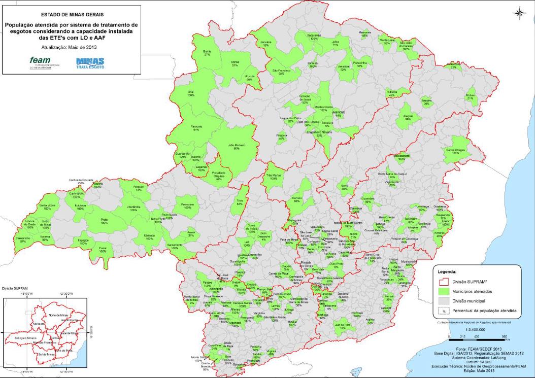 Capítulo 1 O Estado de Minas Gerais Figura 34 - Evolução da capacidade instalada e regularizada de sistemas de tratamento de esgotos domésticos em termos de população atendida (em valor absoluto e %