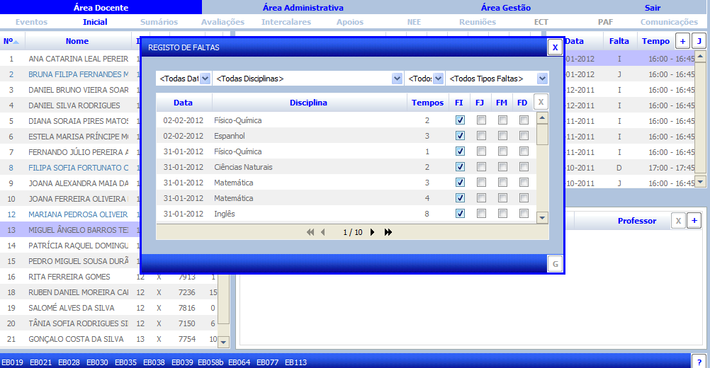Justificar faltas Selecionando um aluno consegue visualizar as faltas que o aluno deu a todas as disciplinas. Clicando no botão [J] pode justificar as faltas.