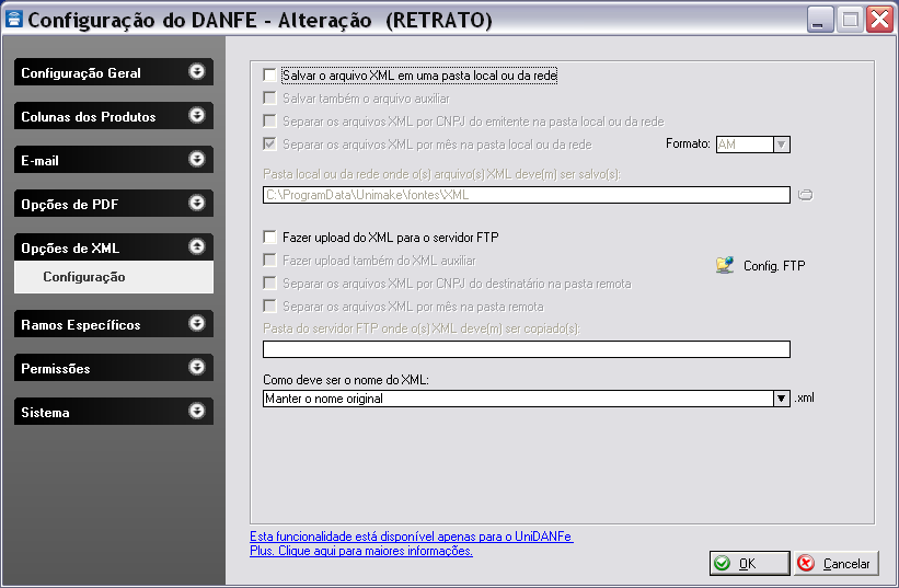 Grupo Opções de XML Através deste grupo é possível configurar o UniDANFE a efetuar backup s do XML principal para uma pasta local ou da rede, e até mesmo para um servidor FTP.