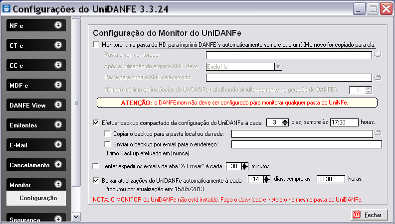 Configurando o DANFEmon Monitor do UniDANFE Grupo Monitor Opção Configurar O UniDANFE conta com o componente DANFEmon Monitor do UniDANFE.