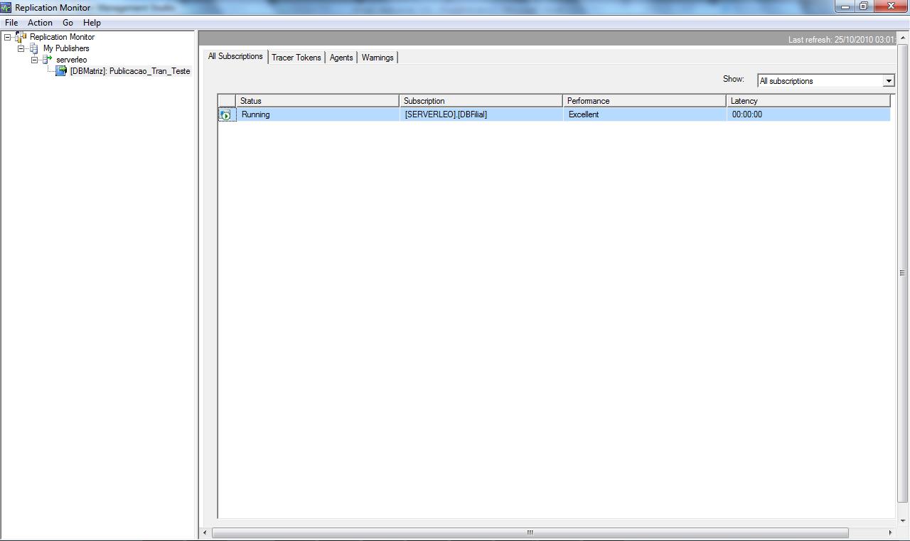 Figura 24. Replication Monitor Essa é a tela que utilizamos para administrar a replicação no SQL Server.