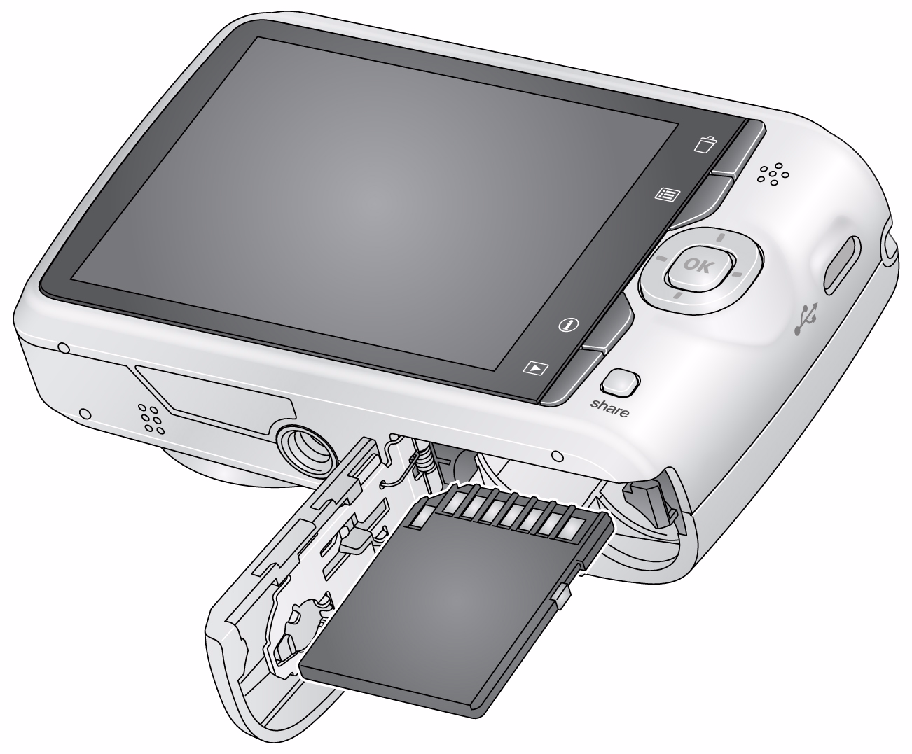 Características do produto Vista posterior Tela de cristal líquido (LCD) Botões Informações, Visualizar Botões Excluir, Menu Suporte da alça Porta USB Encaixe para tripé Botão OK Botão