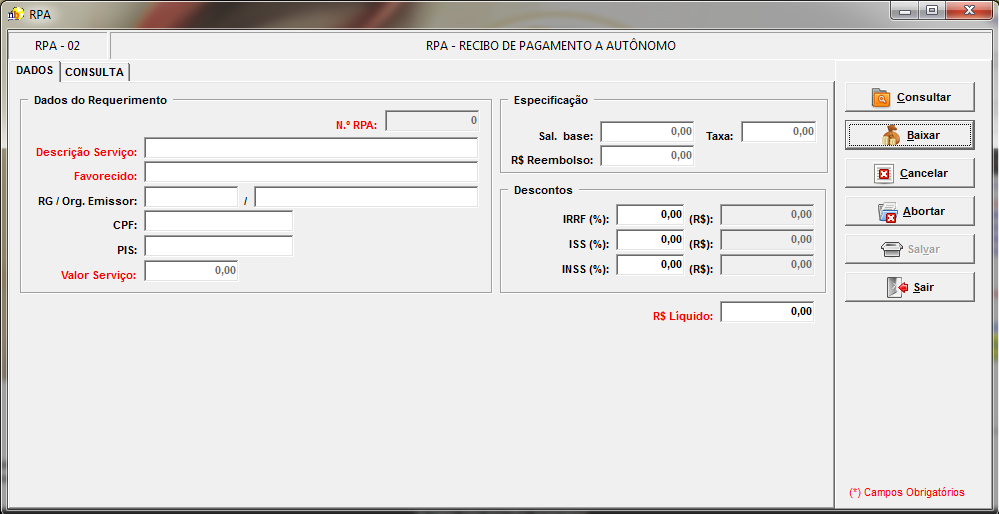 5.1.1.4.2 MANUTENÇÃO Tela para gerenciamento dos Recibos de pagamento a autônomo, nele é possível dar consultar, baixar e cancelar um recibo de pagamento a autônomo.