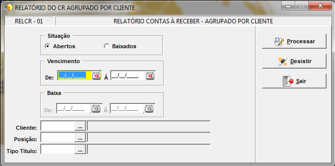 6.1.1 FINANCEIRO 6.1.1.1 CONTAS A RECEBER 6.1.1.1.1 TOTALIZADO Tela para geração de um relatório de