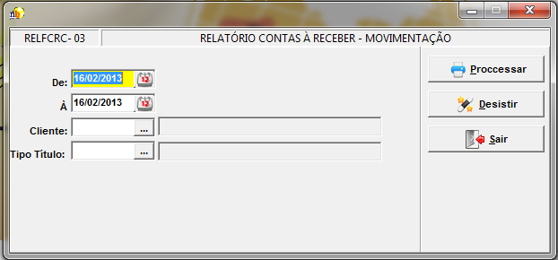 6.1.1.1.3 TÍTULOS BAIXADOS Gera um relatório dos títulos a receber que já foram baixados, podem ser filtrados por: período, Cliente e tipo do título. 6.1.1.1.4 MOVIMENTAÇÃO DOS TÍTULOS Gera um relatório de contas a receber contendo as movimentações dos títulos (inclusão, alteração, baixa) e pode ser filtrado por: período, cliente e tipo do título.