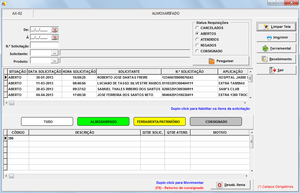 2.2 ALMOXARIFADO Tela pela qual é possível visualizar, atender, negar e imprimir uma requisição.