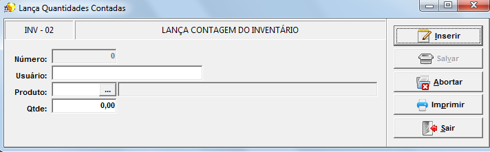 CONTAGEM Nessa tela são lançadas as contagens realizadas do inventário, ao se clicar em inserir os campos [número] e [usuário] são preenchidos