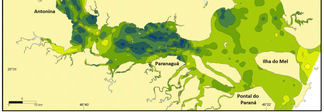 O mapa sedimentológico apresentado por Lamour et al, 2004 (Figura 10) revelou padrões gerais semelhantes às análises sedimentológicas feitas para o canal (Figura 11).