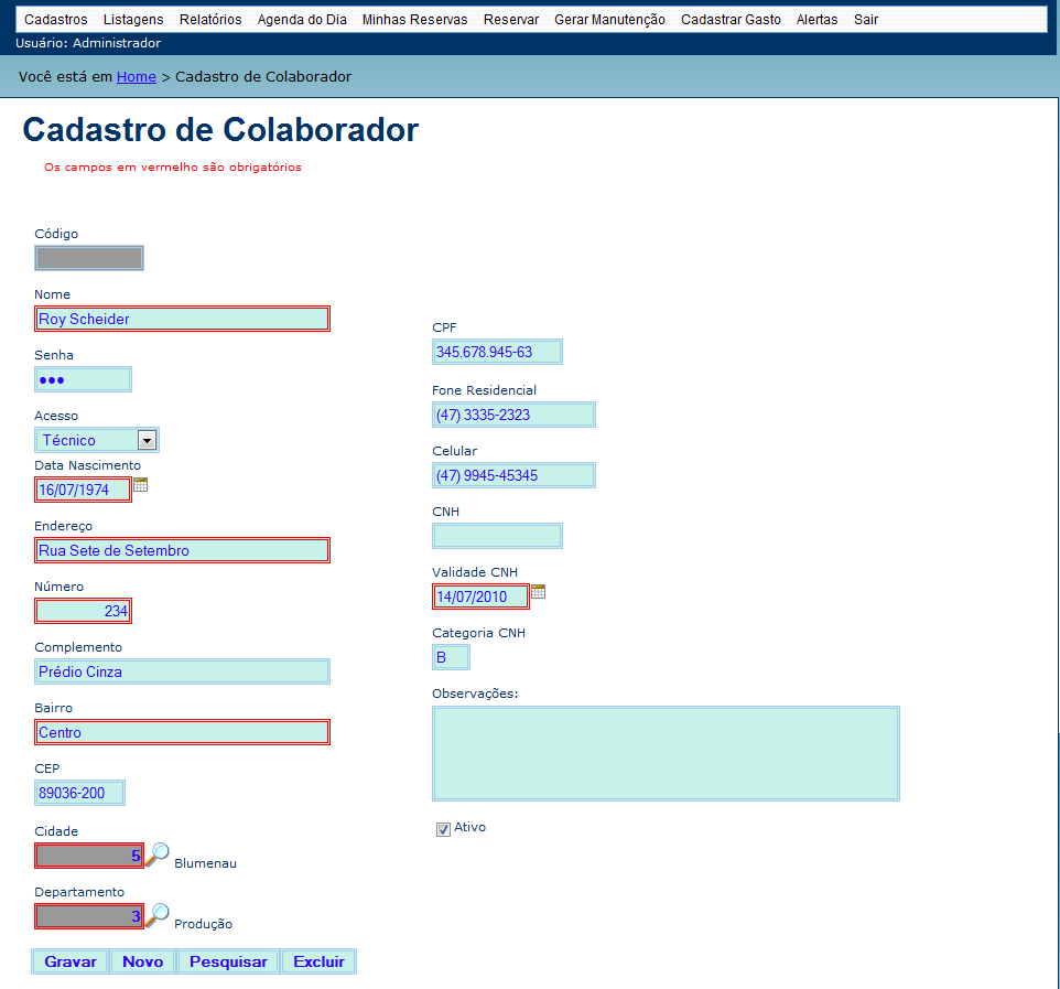 37 Quadro 4: Código fonte com validação de dados Na figura 15 é demonstrado o cadastro de colaborador, neste cadastro é possível inserir a validade da Carteira Nacional de Habilitação (CNH), assim