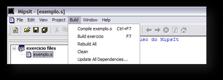 3- Compilando um programa em assembly. Para compilar o programa escolha a opção compile no menu build.