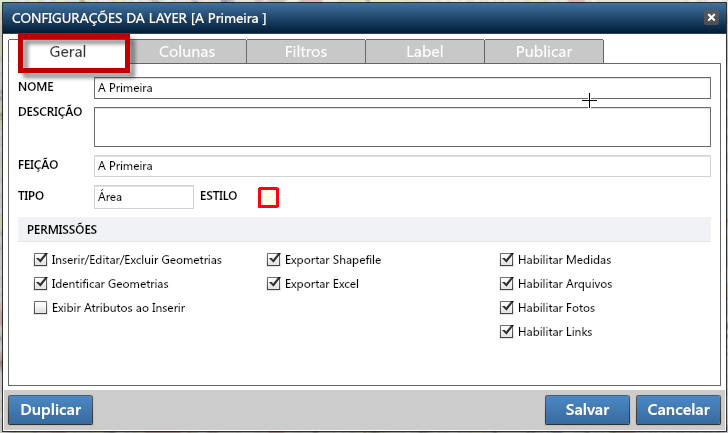 Editar Layer: depois de selecionada a Layer e clicar na opção Editar Layer, abrirá a janela Configurações da Layer, esta janela possui cinco abas de configuração da Layer, como mostra abaixo: Geral: