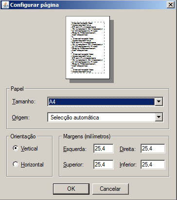 Na Caixa de diálogo Page Setup (Configurar Página) escolher entre Orientação Vertical ou Horizontal. Ainda nesta janela é possível definir a largura e a altura das margens.