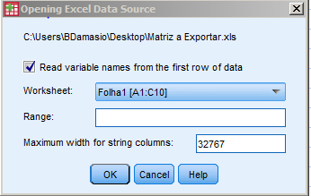 Querendo que os dados inseridos na linha 1 da folha de Excel a exportar passem a ser as variáveis no nosso ficheiro do PASW, basta seleccionar a opção Read variable names from the first raw of data