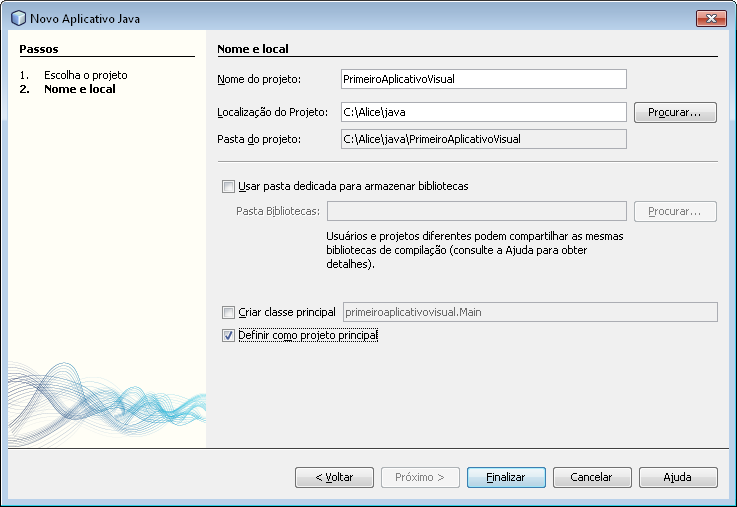 1 Criando um aplicativo visual em Java Inicie o Netbeans e nele crie um novo projeto, em categorias escolha Java e em projetos escolha Aplicativo Java, na