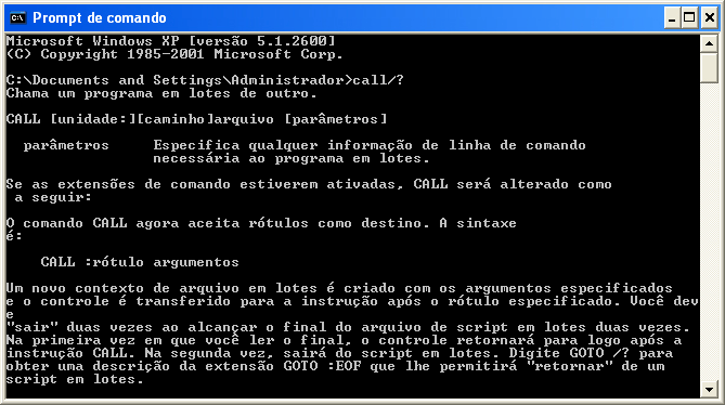 Comando CALL: Executando um outro arquivo de lotes Suponha que eu queira fazer um badcom, mas que tenha uma estrutura grande, que tenha vários arquivos que são executados em Batch e em determinado