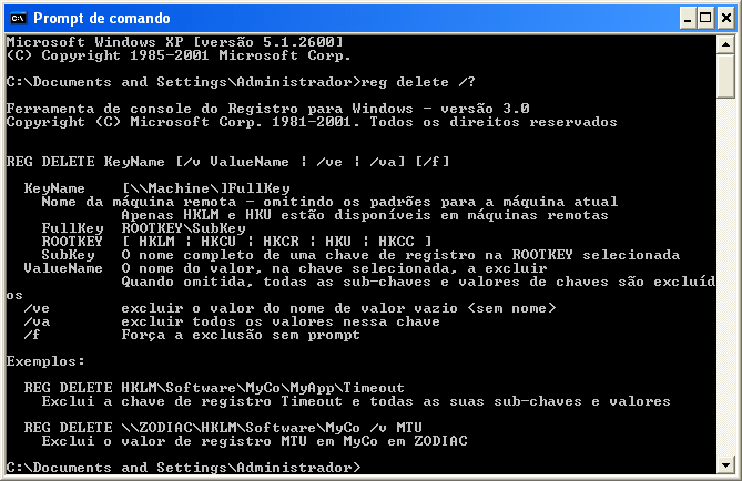 DELETE Apaga valor na chave especificada: As opções do comando são: /v VALOR Valor a ser excluído; /ve Excluir valor sem nome; /va Excluir todos os valores da chave; /f Força a exclusão
