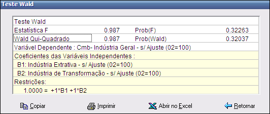 106 No teste Wald o programa solicita as restrições em uma matriz onde as linhas correspondem às restrições e as colunas correspondem aos coeficientes.