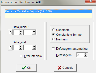 129 Primeiramente selecione a série a ser testada. Os campos de data inicial e final são opcionais. Se não informados o programa considera todas as observações da série.