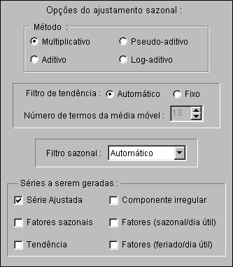 133 Método Especifica o modo de decomposição do ajustamento sazonal. É importante considerar que o método pseudo-aditivo requer especificação ARIMA (veja item 5.10.